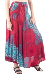Detail view of Bohemian red floral maxi skirt with turquoise mandala print and tie waist