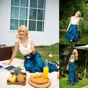 Detailed look at boho printed tie-waist maxi beach skirt in a picnic outdoor setting.