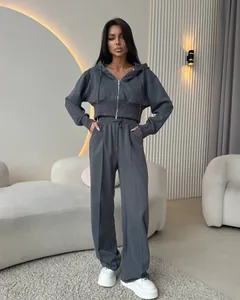 Ensemble de survêtement chic en coton gris, sweat à capuche zippé et pantalon large.