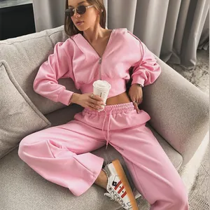 Women Casual Two Piece Set Polyester Spandex Hooded Zipper Sweatshirt and Drawstring Wide Leg Pants Fall Outfits Top And Bottom