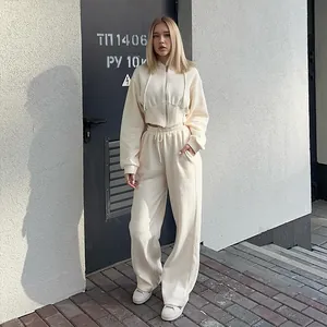 Women's 2-piece casual tracksuit set with hooded zip-up sweatshirt and drawstring pants