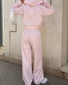 Vue arrière détaillée d'un ensemble jogging rose avec sweat à capuche et pantalon large.