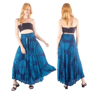 Detailed front and back views of a blue bohemian floral print maxi skirt for beach wear.