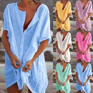 Multi-color collection of loose short-sleeve linen tunic shirt beach cover-ups