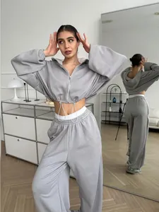 Grey women's two-piece cropped hoodie and wide-leg joggers tracksuit set on model