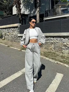 Γυναικείο γκρι σετ φόρμας 2 τεμαχίων street style με ζακέτα και φαρδύ παντελόνι