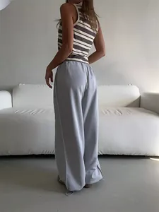 Back view of grey wide-leg sweatpants with elastic waist and drawstring hem