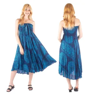 Women's summer blue printed strapless casual beach dress with front and back views