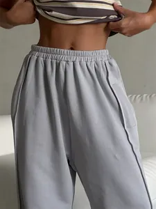 Close-up of high-waisted elastic waistband on grey street-style sweatpants