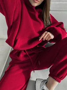 Detailed view of women's red hoodie and matching joggers set in vibrant color
