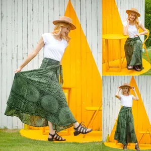 Outdoor collage of a woman wearing a bohemian green printed maxi skirt and a white t-shirt