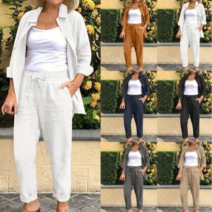 Women's 2-piece solid color linen blazer and pants set available in multiple colors