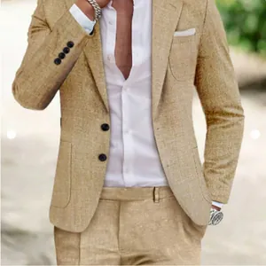 Detailed close-up of a khaki textured linen men's suit set including a blazer and trousers