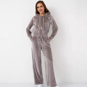 Tuta in Velluto da Donna Maglia e Pantaloni Felpa con Cappuccio e Cerniera Cardigan a Maniche Lunghe e Pantaloni a Gamba Larga