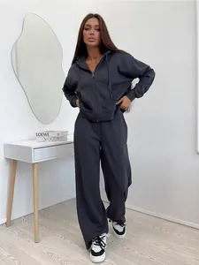 Women's dark grey two-piece cotton tracksuit with zip-up hoodie and wide-leg pants