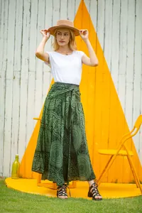 Stylish bohemian printed maxi skirt with adjustable tie waist for summer beach outings