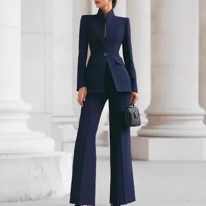 Elegant navy blue women's two-piece suit set with single-button blazer and trousers