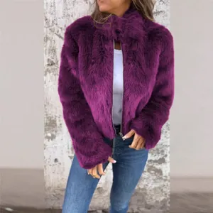 Stylish purple faux fur jacket with front zipper and long sleeves for women.