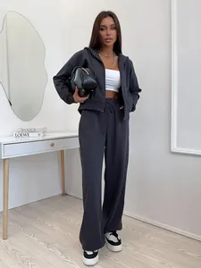 Stylish gray two-piece cotton tracksuit set with zip-up hoodie and wide-leg pants
