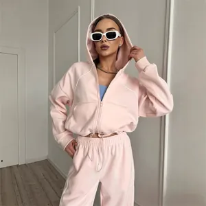 Dames Casual Polyester Spandex Trainingspak Set Capuchon Rits Jas en Wijde Pijpen Broek Effen Kleur Top en Broek