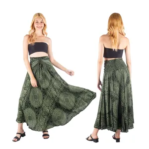 Detail showing front and back views of a green mandala print summer beach maxi skirt.