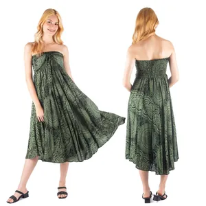 Bohemian green mandala print strapless maxi beach dress shown from front and back