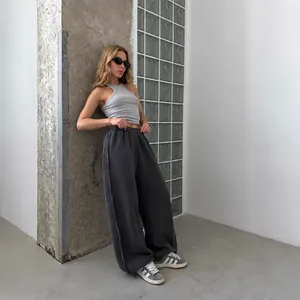 Women American Street Style Loose Casual Sweatpants Elastic Waist Wide Leg Trousers With Contrast Stitching Solid Color Bottom