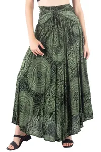 Bohemian green mandala print high waisted maxi skirt for summer beach holiday wear.