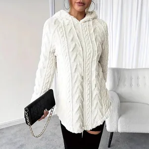 Detailed view of white faux lamb wool hoodie with cable knit pattern