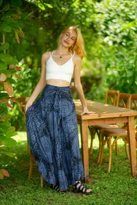 Detail view of bohemian blue mandala print tie-waist maxi skirt for summer beach wear.