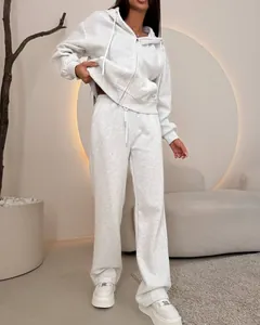 Women's grey 2-piece tracksuit set with hooded zip-up hoodie and drawstring sweatpants