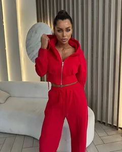 Mannequin portant un sweat à capuche rouge court zippé et un pantalon à cordon assorti