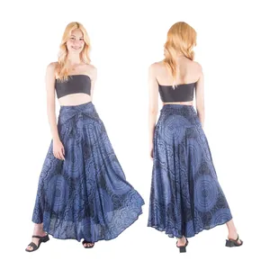 Front and back views of a bohemian mandala print maxi skirt for beach and leisure.