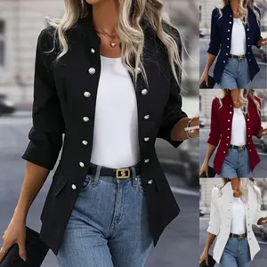 Detail of women's long sleeve solid blazer in black, navy, wine red, and white.
