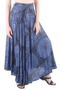 Close-up of bohemian mandala print on a flowing long beach skirt with a tie-waist detail.