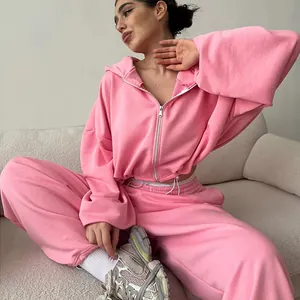 Women's Casual Two Piece Tracksuit Solid Color Long Sleeve Zip-up Cropped Hoodie And Drawstring Elastic Waist Sweatpants Top And Bottom