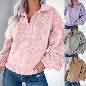 Detail view of women's half-zip sherpa fleece pullover with diamond texture in four colors.