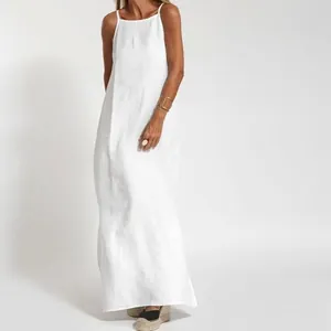 Elegant white sleeveless linen maxi dress with minimalist strap design for summer wear