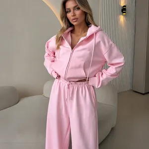 Women Fashion Solid Color Sports Cotton Tracksuit Set Long Sleeve Zip Hoodie Drawstring Wide Leg Pants Sweatsuit Top And Bottom