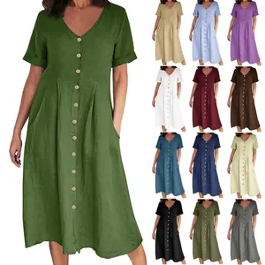Multi-color variations of women's short-sleeved button-down midi dress with pockets
