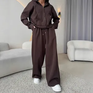 Dark brown two-piece hooded zip-up sweatshirt and wide-leg sweatpants set