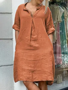 Casual V-neck pleated long sleeve midi dress in burnt orange linen-style fabric