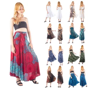 Women's Bohemian Mandala Floral Print Maxi Skirt High Waist Smocked Swing Beach Bottoms Casual Summer Vacation Long Skirt