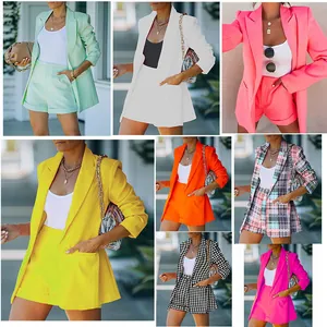 Chic women's blazer and shorts 2-piece set in multiple vibrant colors and patterns