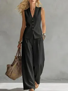 Conjunto elegante de chaleco negro sin mangas y pantalones anchos de lino para mujer