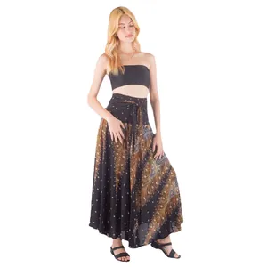 Women's bohemian high-waisted peacock print maxi skirt with tie-front detail for summer.