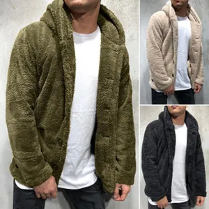 Détail des vestes en polaire sherpa à capuche pour hommes en olive, beige et gris