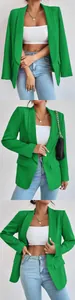 Vista detallada de la chaqueta blazer verde vibrante para mujer en conjuntos de primavera.