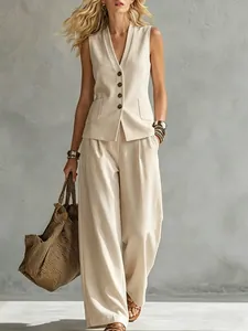 Elegante conjunto de chaleco de lino sin mangas y pantalones de pernera ancha