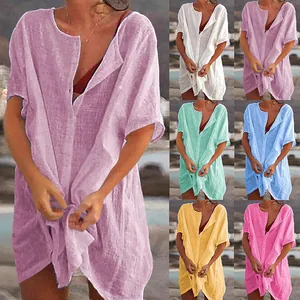 Women's oversized linen-style tunics in multiple colors for casual beach coverups